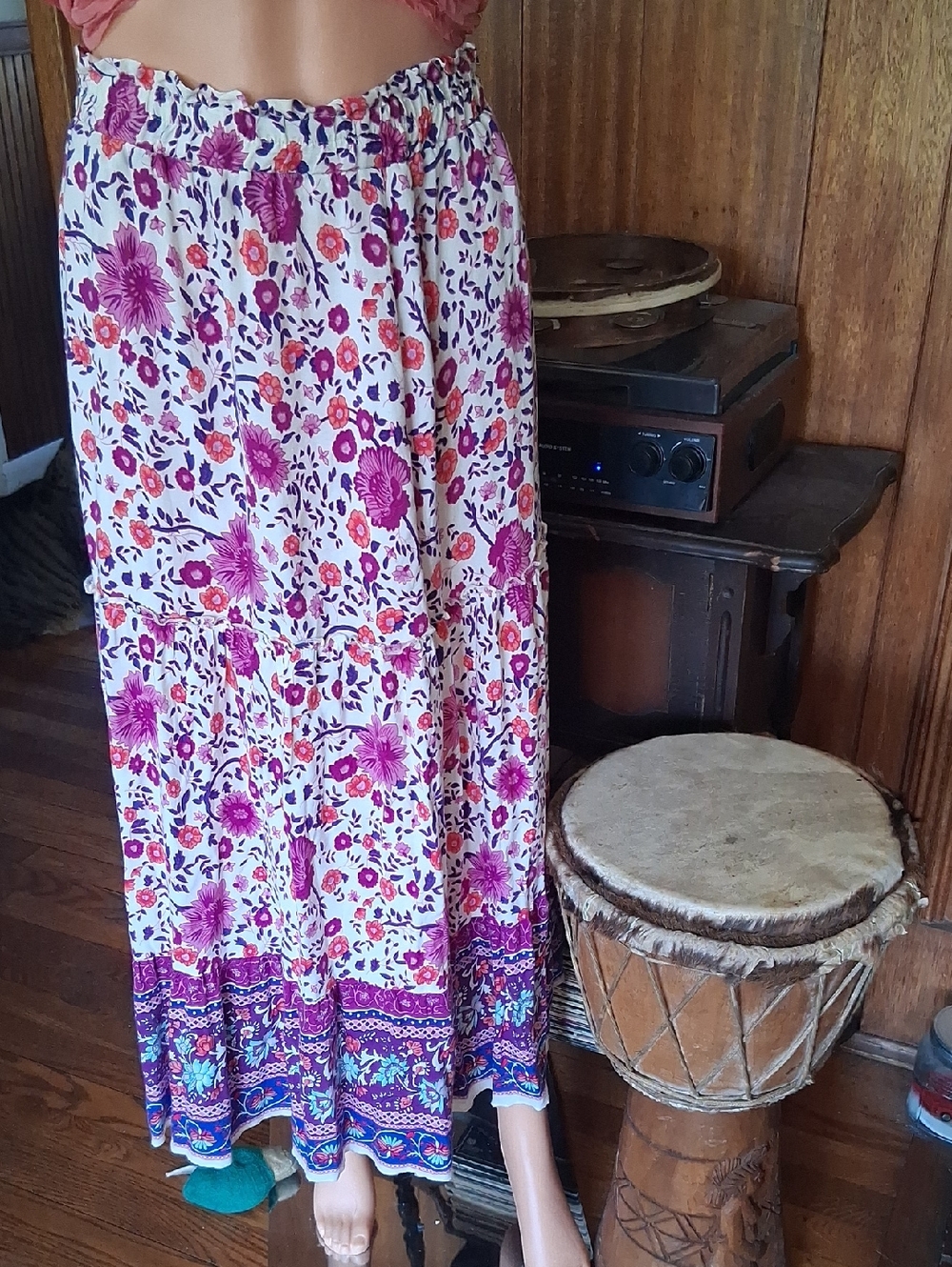 Simple Fun White Peasant Maxi Skirt with Pink and Orange Floral Print
